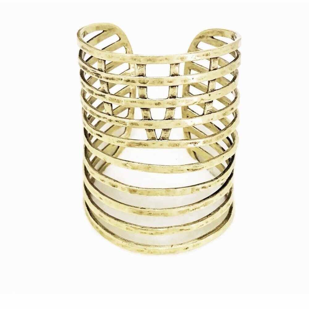 Lucky Brand Gold Tone Multi Row Linear Wide Statement Cuff Bracelet